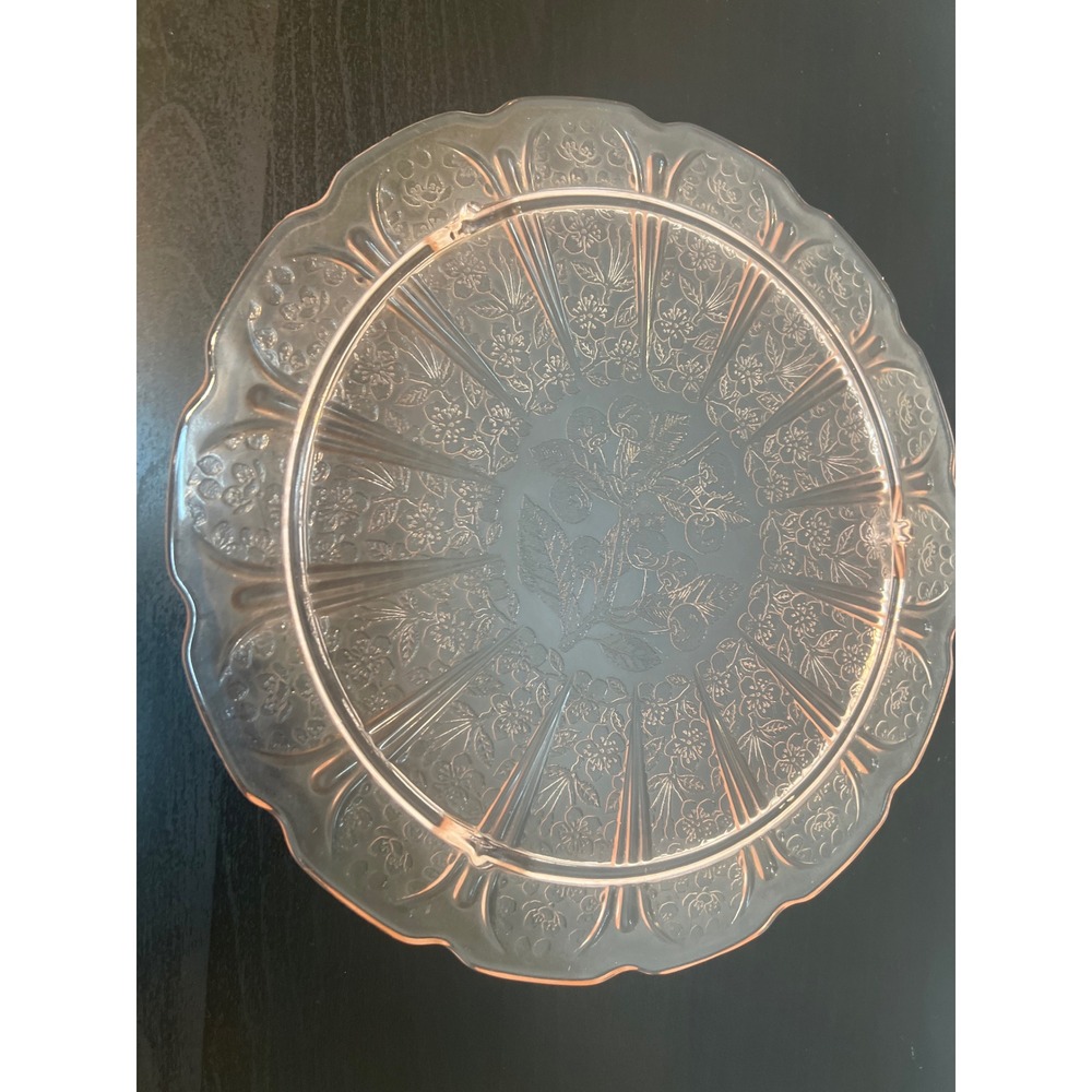 Jeannette Glass Plate Pink Cherry Blossom Depression Glass Scalloped Cake Stand